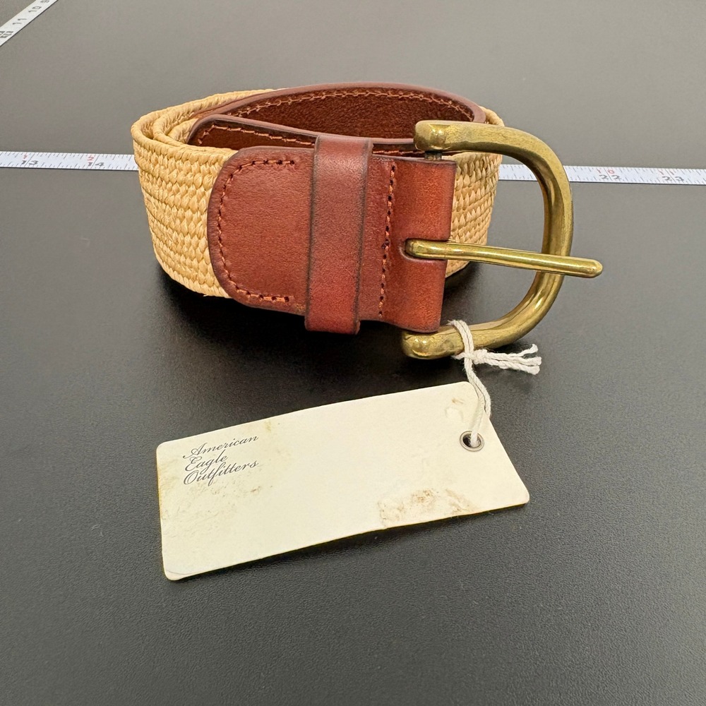 American Eagle Womens Premium Raffia Belt Small Tan Leather Trim Brass Buckle